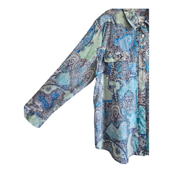 CHICO'S 3 Women's Petite 16P Shirt Blue Paisley Roll Up Tabs Cotton 44" - Picture 4 of 6